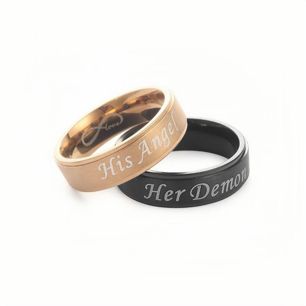 Unique Her Demon His Angel Promise Rings For Couples In Titanium