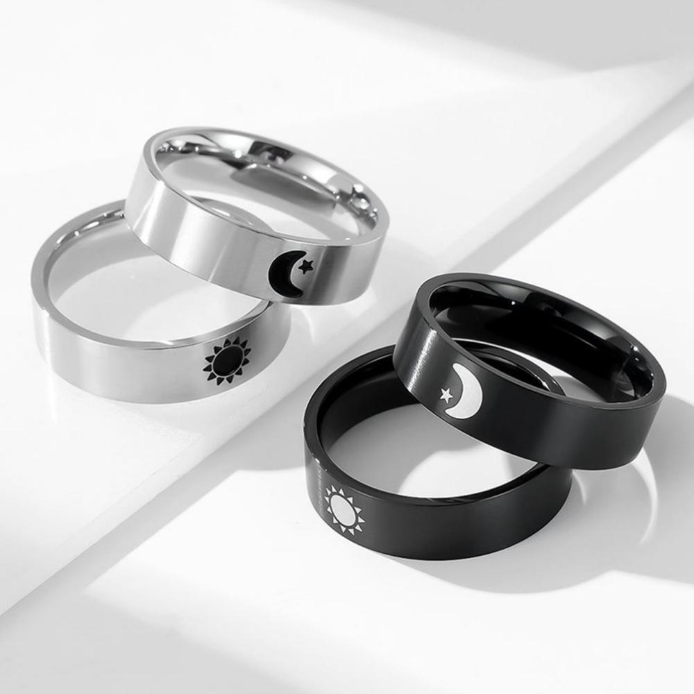 Engravable Sun And Moon Promise Rings For Couples In Titanium