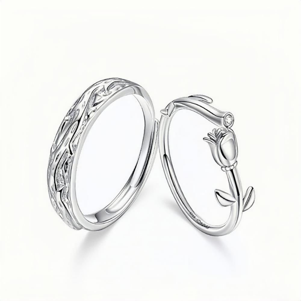 Adjustable Thorn And Rose Matching Couple Rings In Sterling Silver
