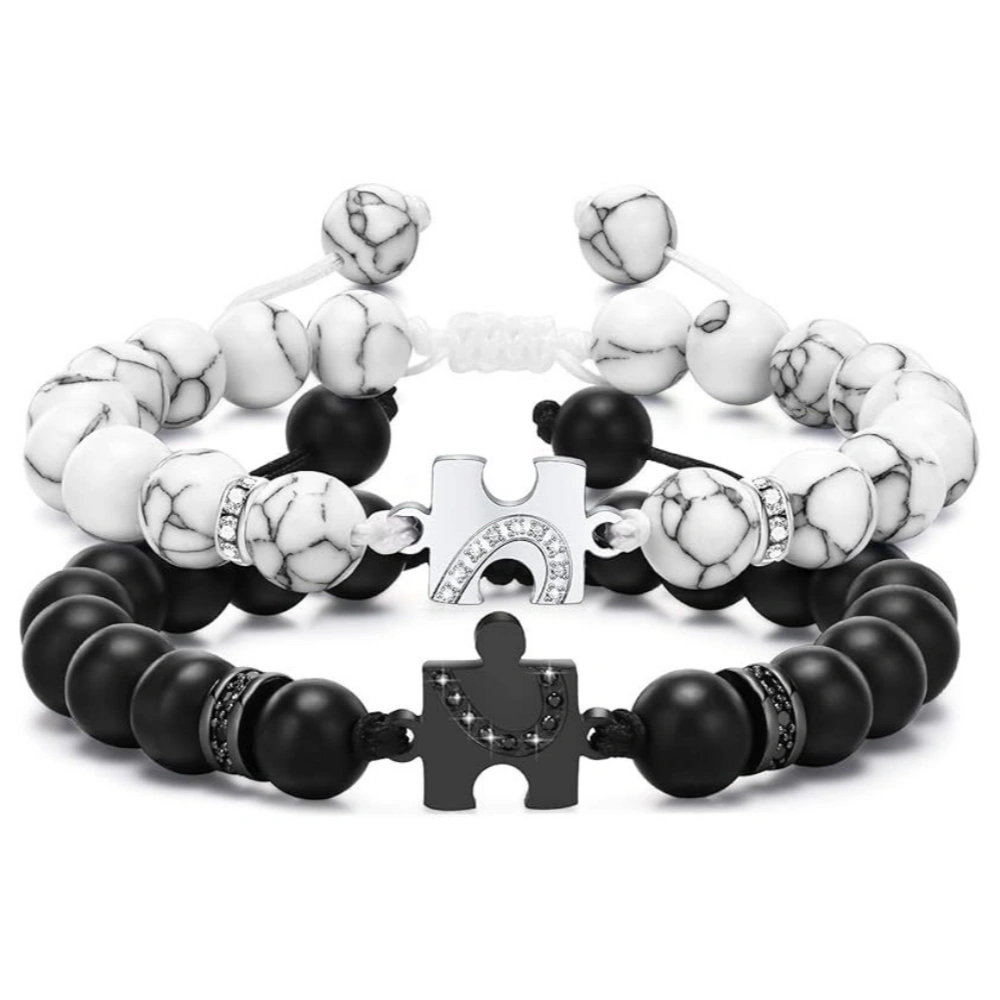 Engravable Matching Heart Charm Beaded Bracelets For Couples