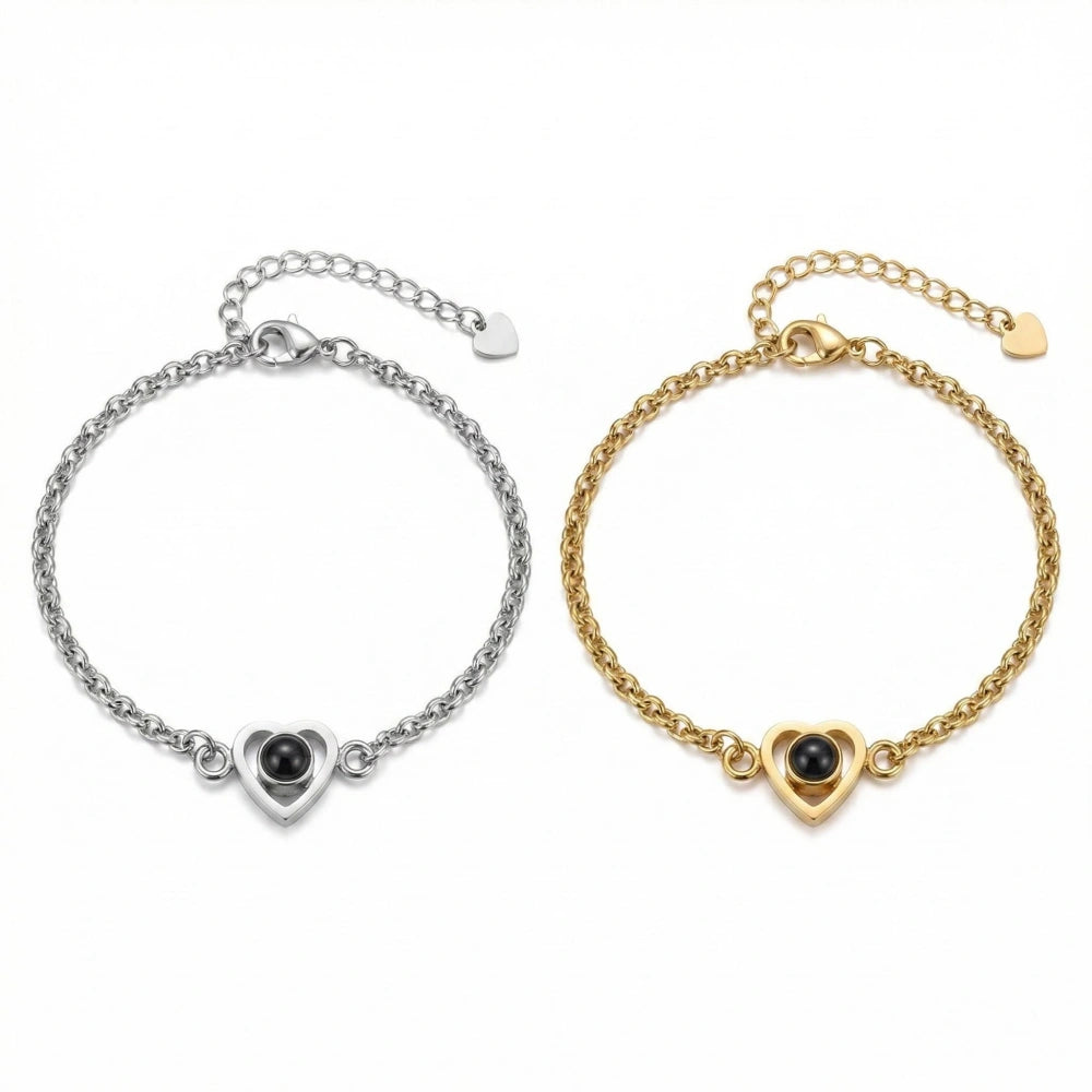 Personalized Heart Photo Projection Oval Cable Chain Couple Bracelets