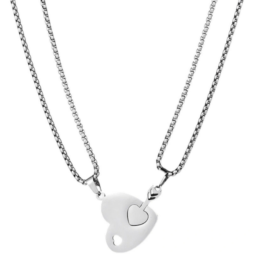 Engravable Cupid's Arrow Matching Heart Titanium Couple Necklaces