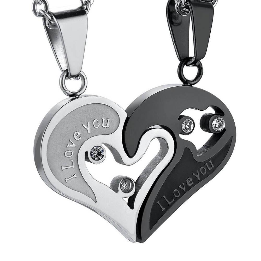 Engravable I Love You Matching Heart Couple Necklaces In Titanium
