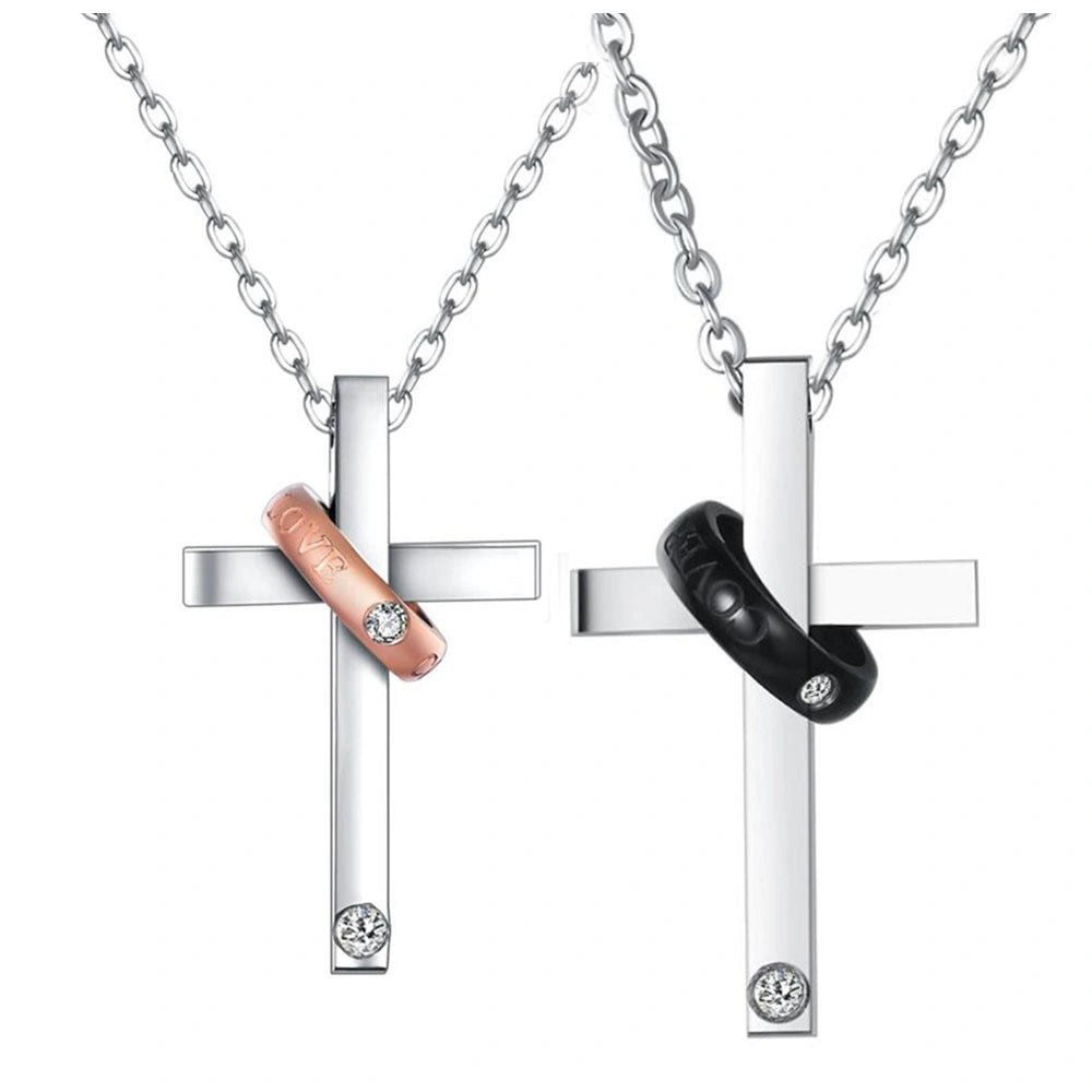 Engravable Love Cross Matching Couple Necklaces In Titanium