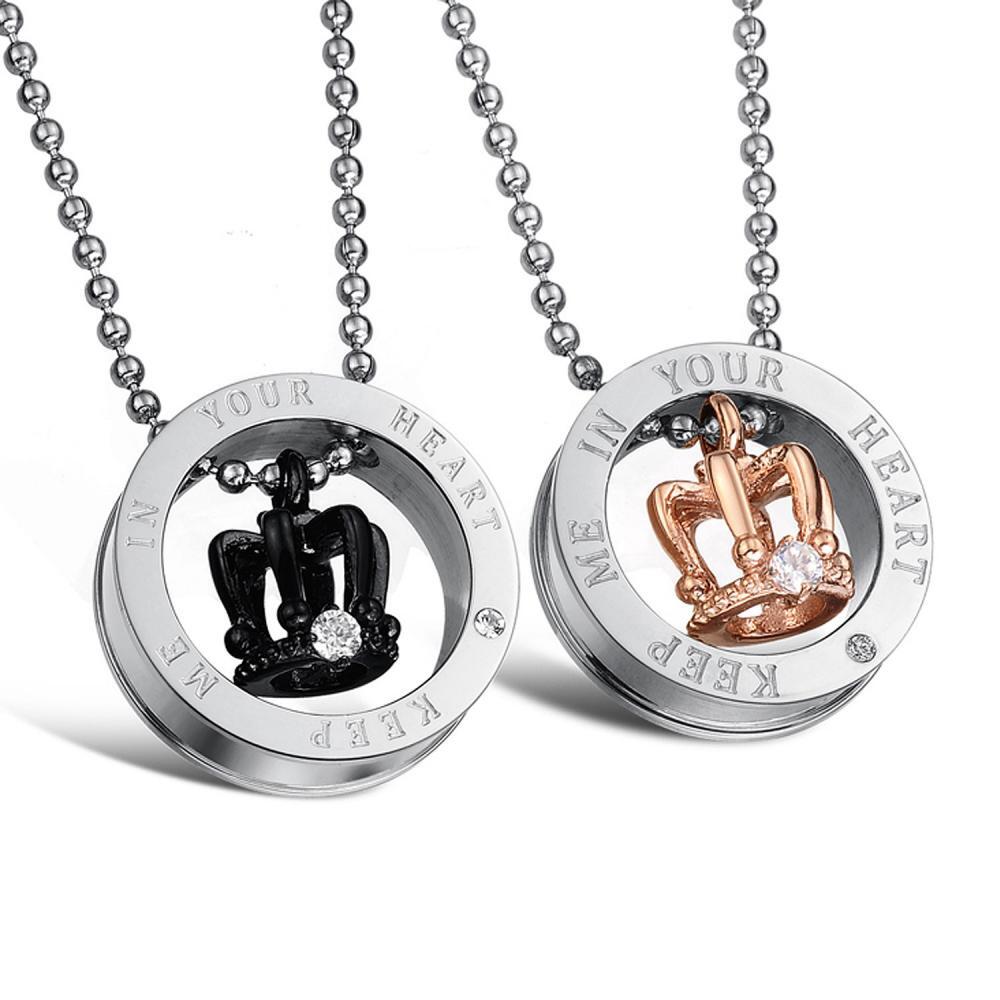 Keep Me In Your Heart Matching Crown Ring Necklaces For Couples In Titanium