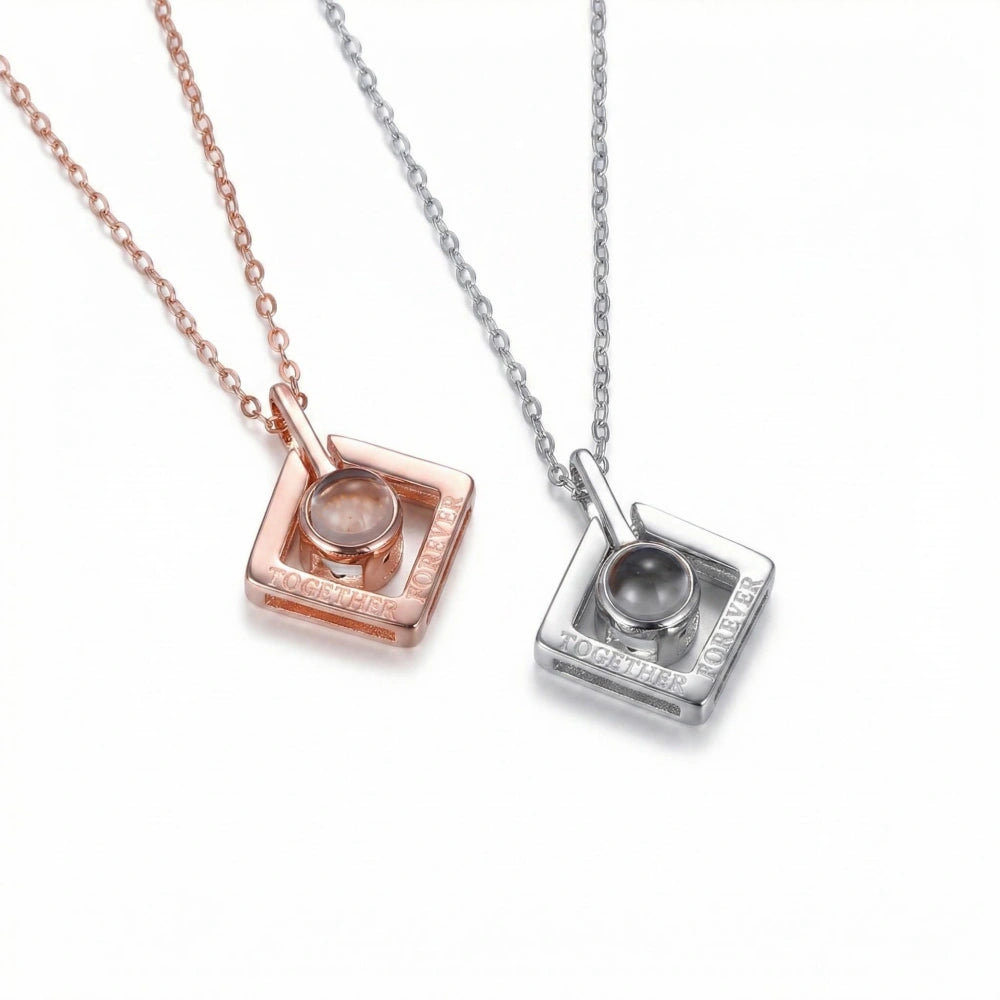 Personalized Forever Together Photo Projection Silver Couple Necklaces
